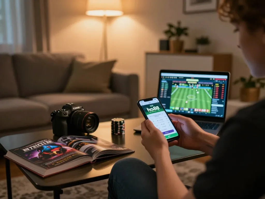 Engaged player using the ho88 app on smartphone for sports betting in a cozy home environment.