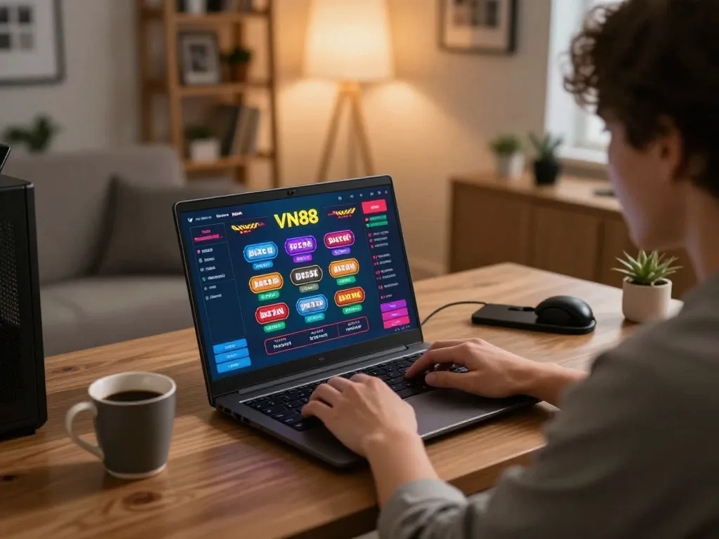 Engaging in VN88 casino gaming at home with a laptop, showcasing strategy and comfort