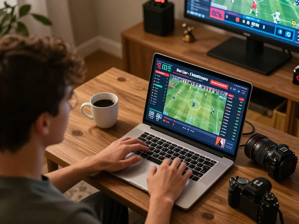 Engaging in sports betting on max88pro with live odds displayed on a laptop in a cozy setting.
