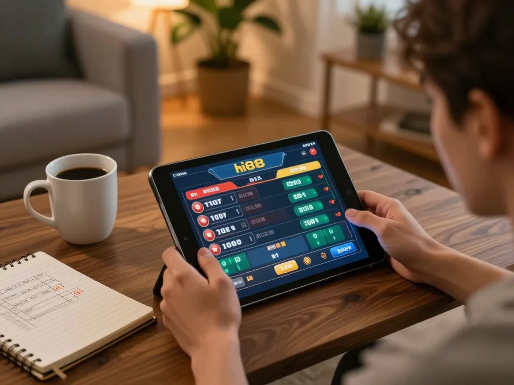Engaging in strategic gameplay on hi88 casino app at home, showcasing a cozy gaming environment.