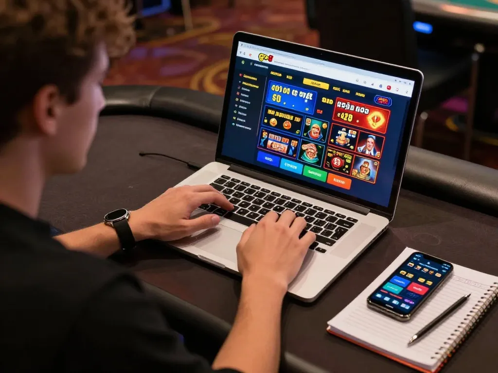 Engaged player enjoying a go8 online casino game on laptop with strategic tools nearby.