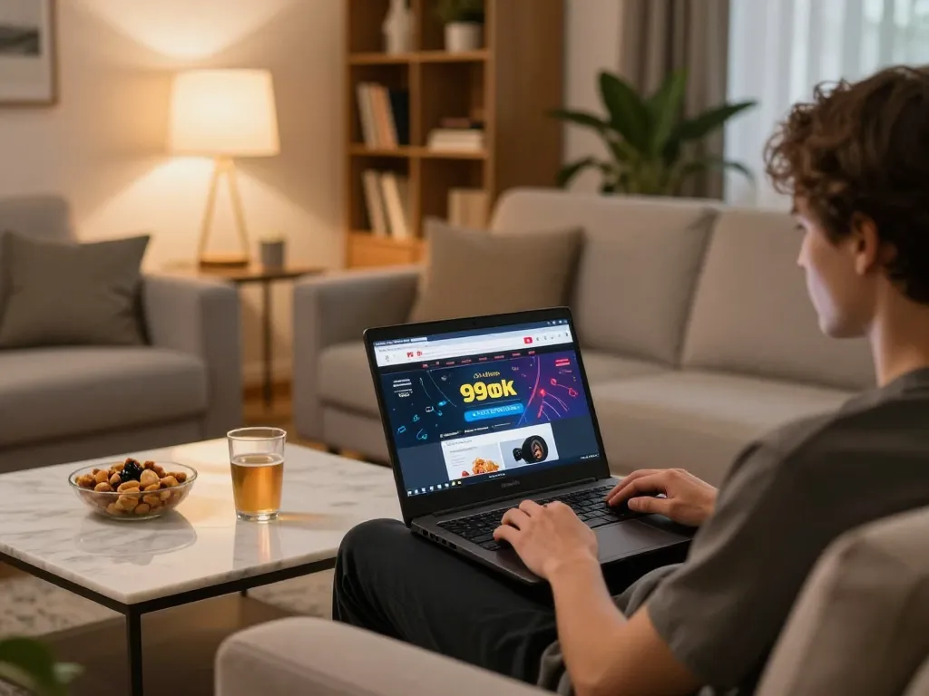 Person engaging in online gaming on 99ok platform, highlighting a comfortable home environment.