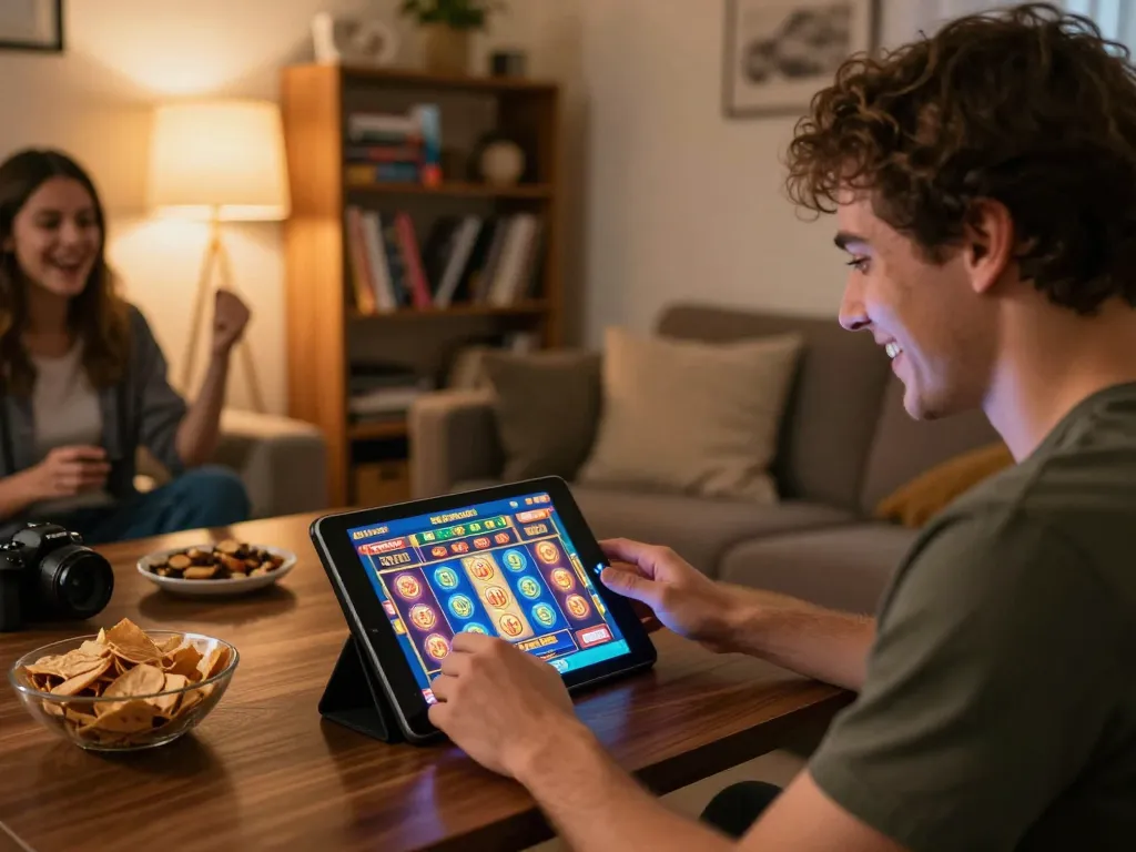 W88 player celebrating a win at home using an online casino app with snacks nearby.