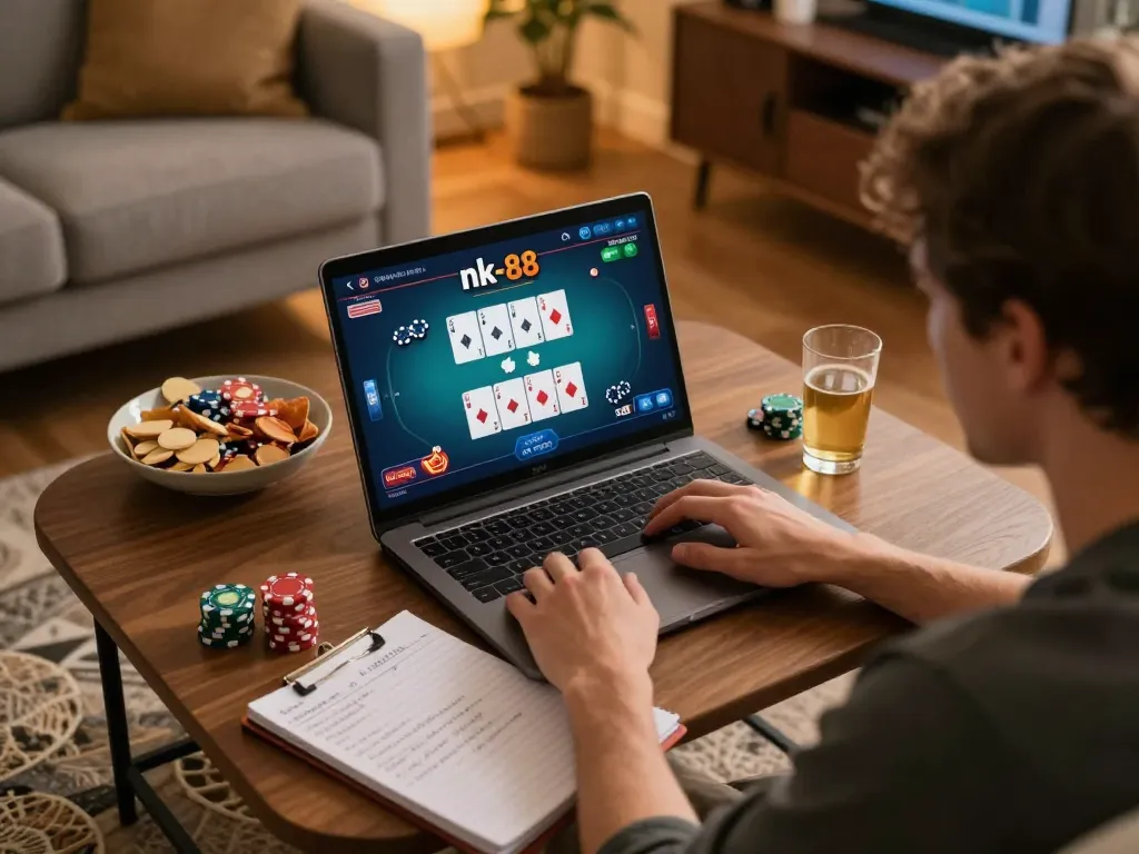 Player analyzing strategies while playing nk-88 online poker with chips and cards visible.