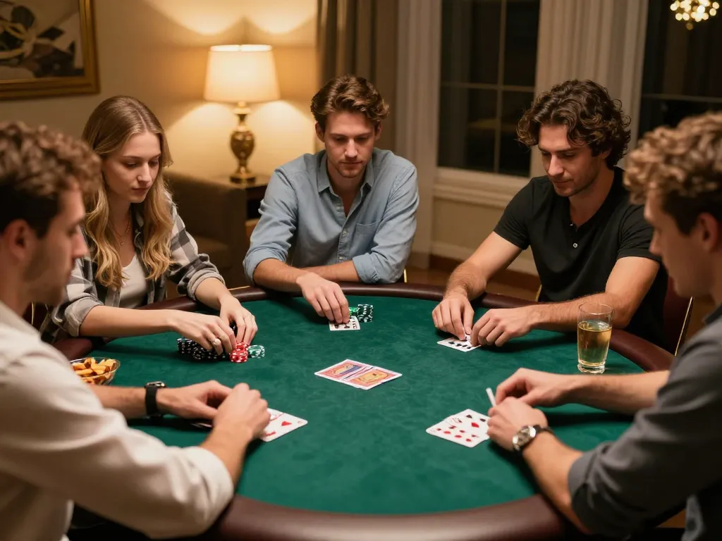 Players engage in an intense home poker game with strategies using 789 chips and cards.