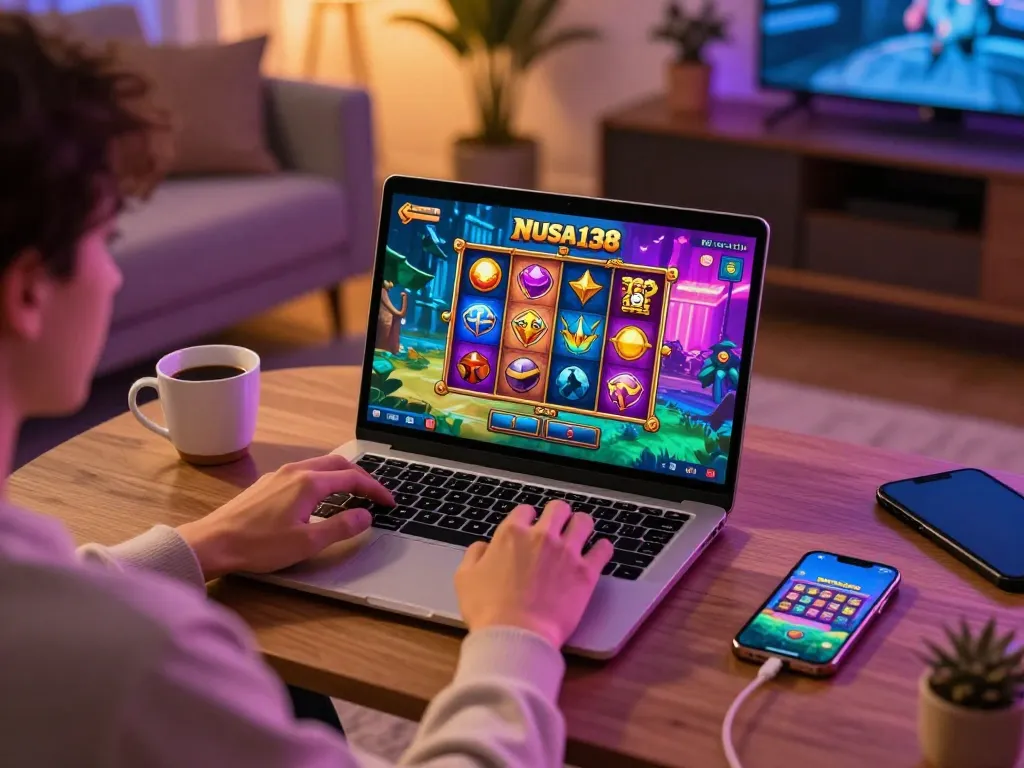 Pemain NUSA138 sedang menikmati permainan slot online yang menarik sambil bersantai di rumah, antarmuka permainan yang berwarna-warni terlihat.