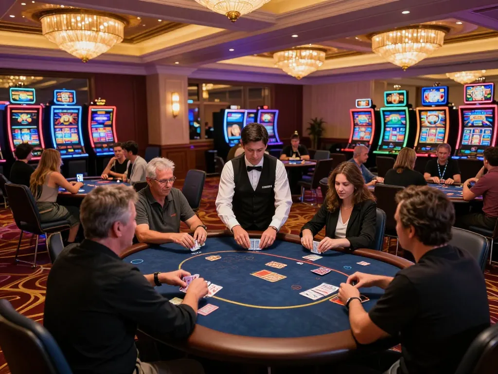 Players strategizing at LC88 casino poker tables with dealers shuffling cards amidst vibrant gaming atmosphere.