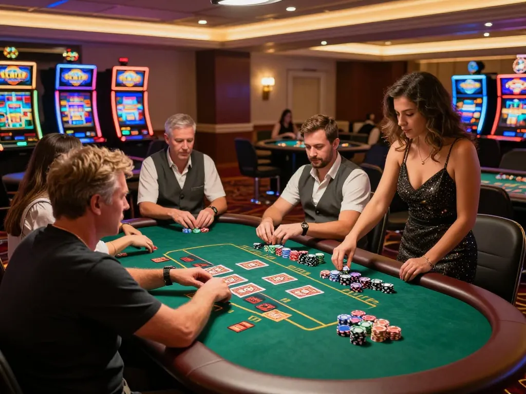 Players engaging in intense gameplay at MMOO casino tables showcasing strategic betting.