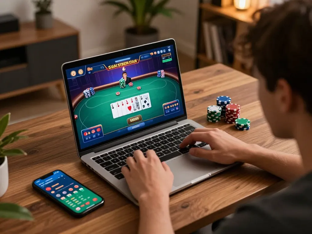 Engage in a strategic poker game with bem88 at home using a laptop and smartphone, showcasing a vibrant gaming interface.