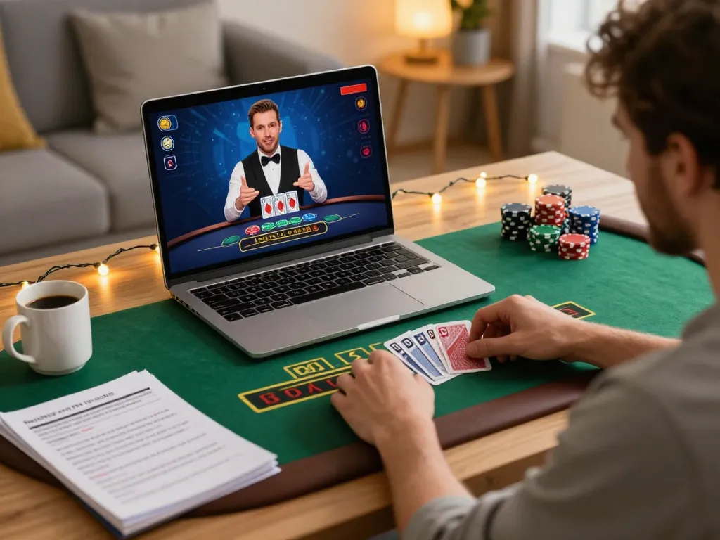 Engaged player enjoying mb66 live dealer blackjack game at home