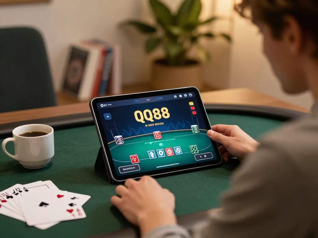Player analyzing QQ88 poker game on tablet amidst cozy home setup, showcasing engaging online gambling atmosphere