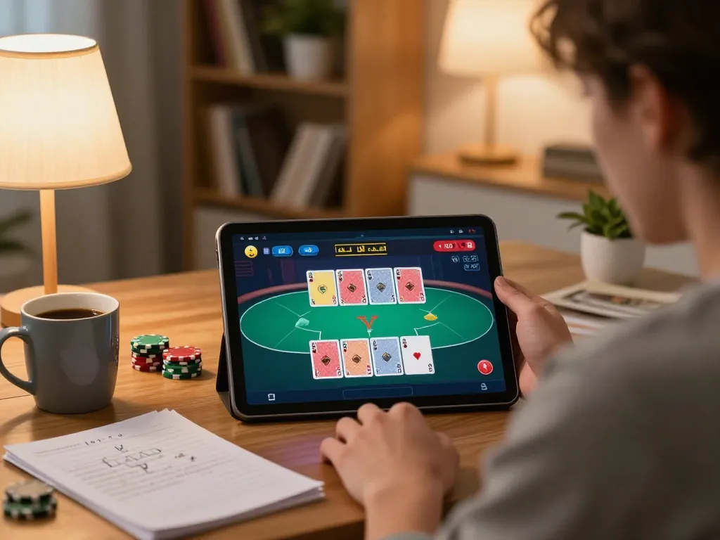 RR88 player enjoying online poker on a tablet, showcasing a cozy home gaming atmosphere.