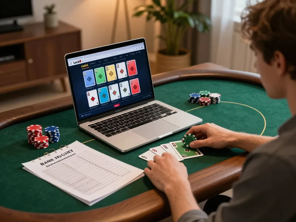 Engaged player using Luck8 for online poker, highlighting strategy and excitement in a cozy environment.