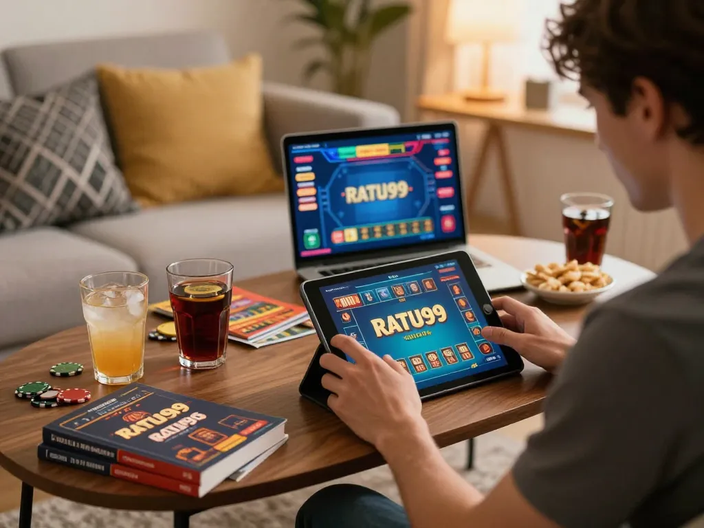 Pemain yang terlibat menikmati permainan online RATU99 di tablet dalam suasana rumah yang nyaman.