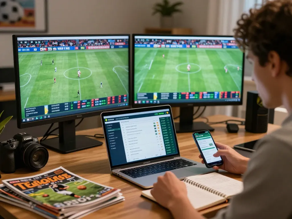 Sbobet betting enthusiast analyzing football odds on multiple screens in a cozy home office.