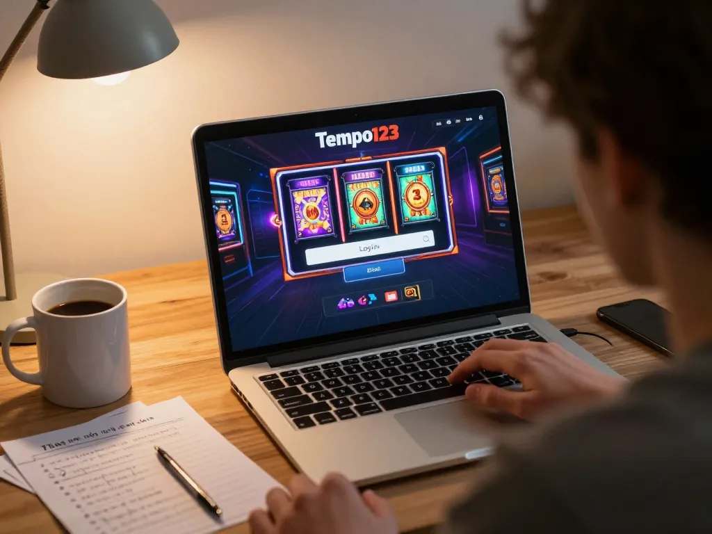 Pemain berinteraksi dengan Tempo123 Login di laptop, menampilkan slot online dalam pengaturan permainan rumah yang nyaman.