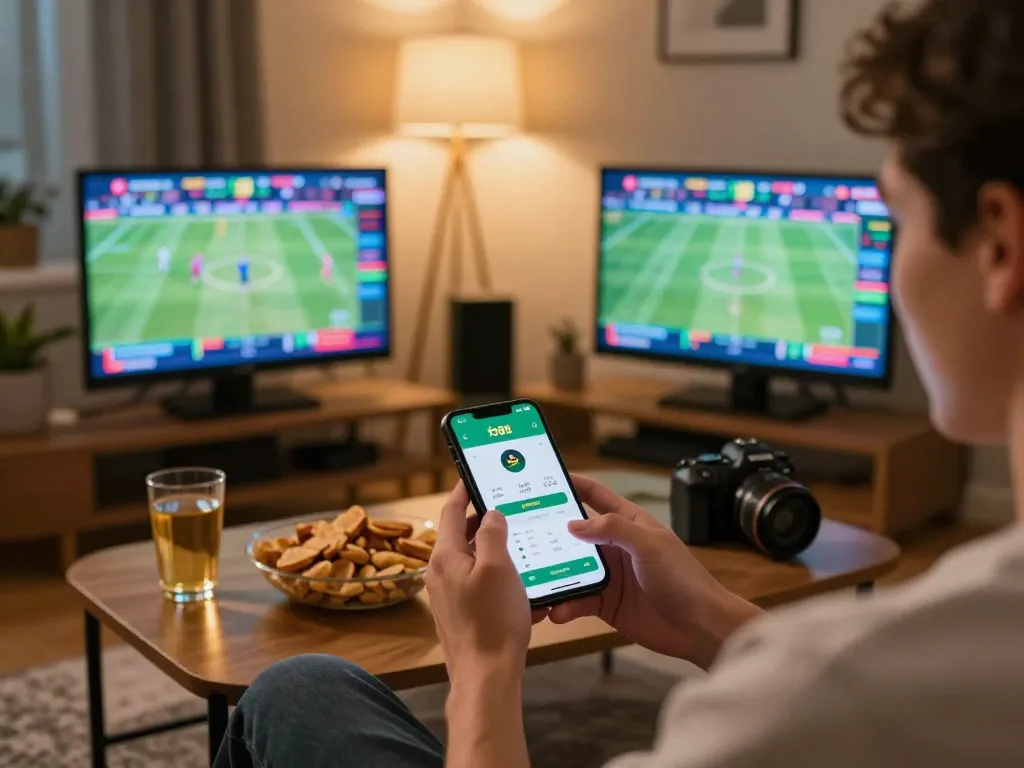 Excited user engaging with fo88 sports betting app on smartphone in a cozy home setup.