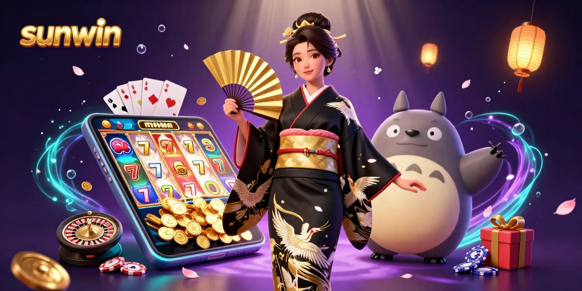 Spin to win with sunwin as elegant Asian woman and wise tanuki enjoy a vibrant casino scene filled with games and excitement.