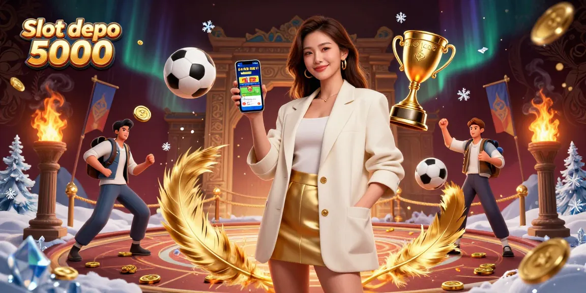 Engage with Slot depo 5000 in an exciting casino atmosphere filled with golden coins and sports elements.