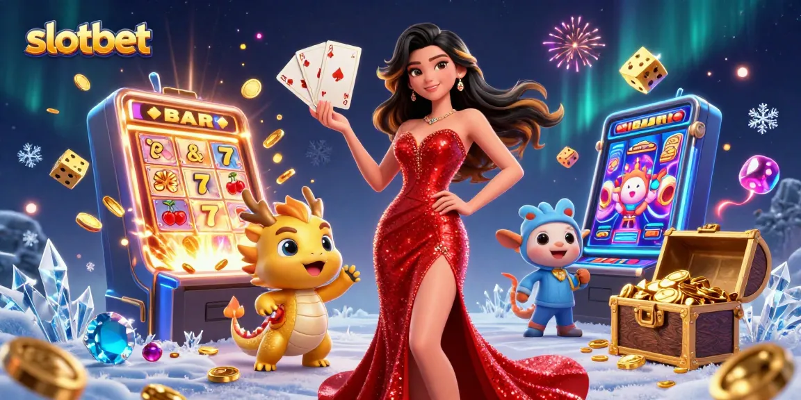 Engage in slotbet gaming as a stunning character joins a golden dragon, vibrant slot machine, and winning symbols.