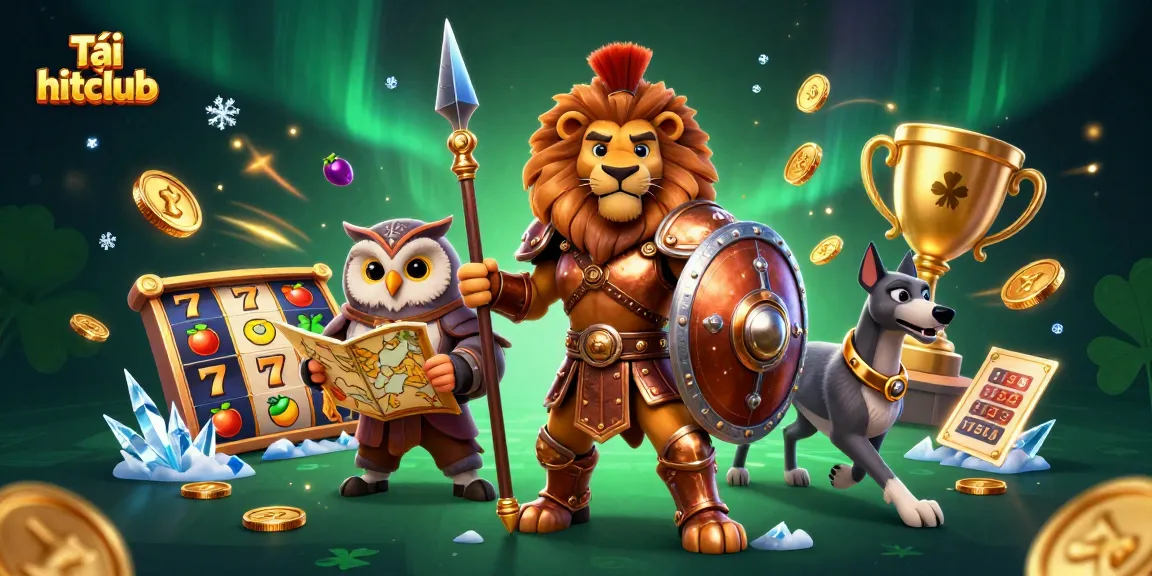 Tải hitclub to experience dynamic gameplay with a Spartan lion, tactical owl, and greyhound amid casino elements.