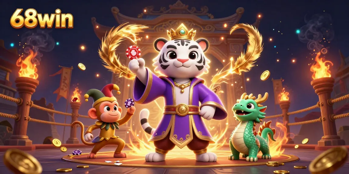 Engage in thrilling casino action with 68win; a vibrant scene featuring a cartoon tiger, juggling monkey, and jade dragon.