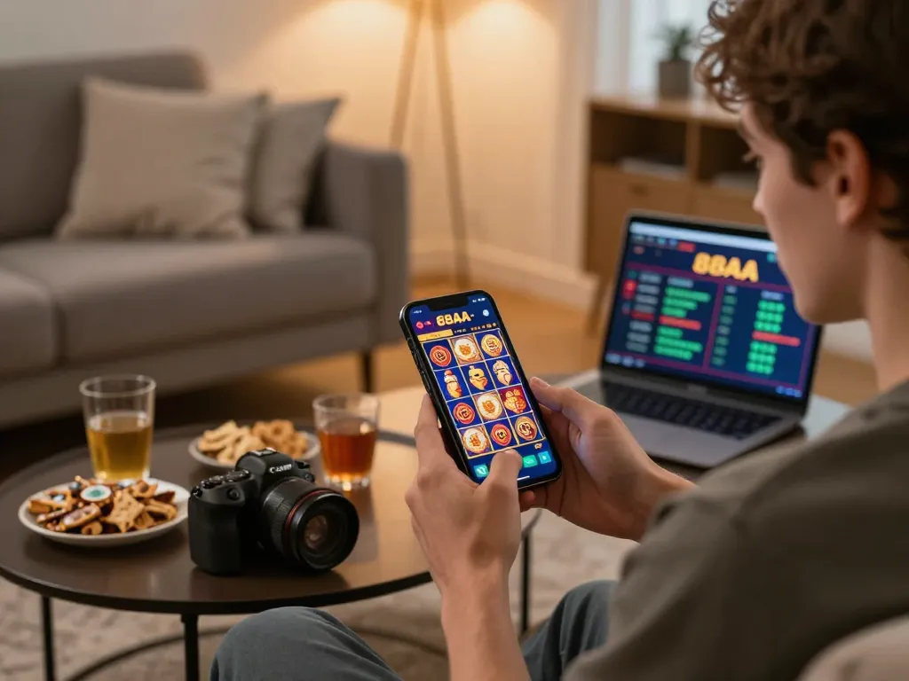 Player enjoying 88aa mobile casino app with engaging slot game experience at home.