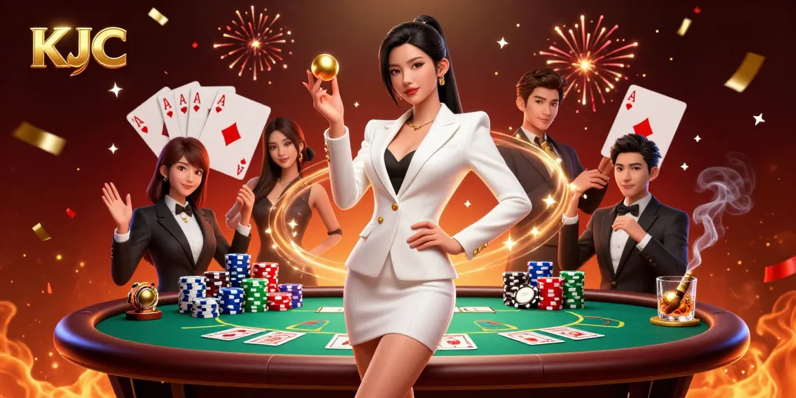 KJC engages players with a vibrant casino scene featuring an elegant Asian woman showcasing a golden roulette ball.