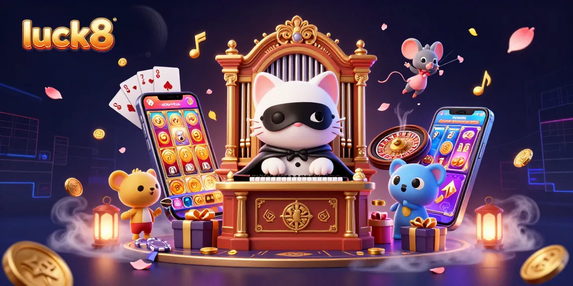 Engage with luck8's vibrant online casino experience, featuring spinning slots, acrobatic characters, and golden wins.
