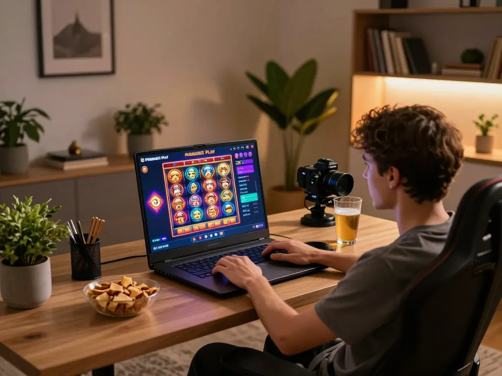 Engaging with Pragmati Play slots on a laptop in a cozy home setting.