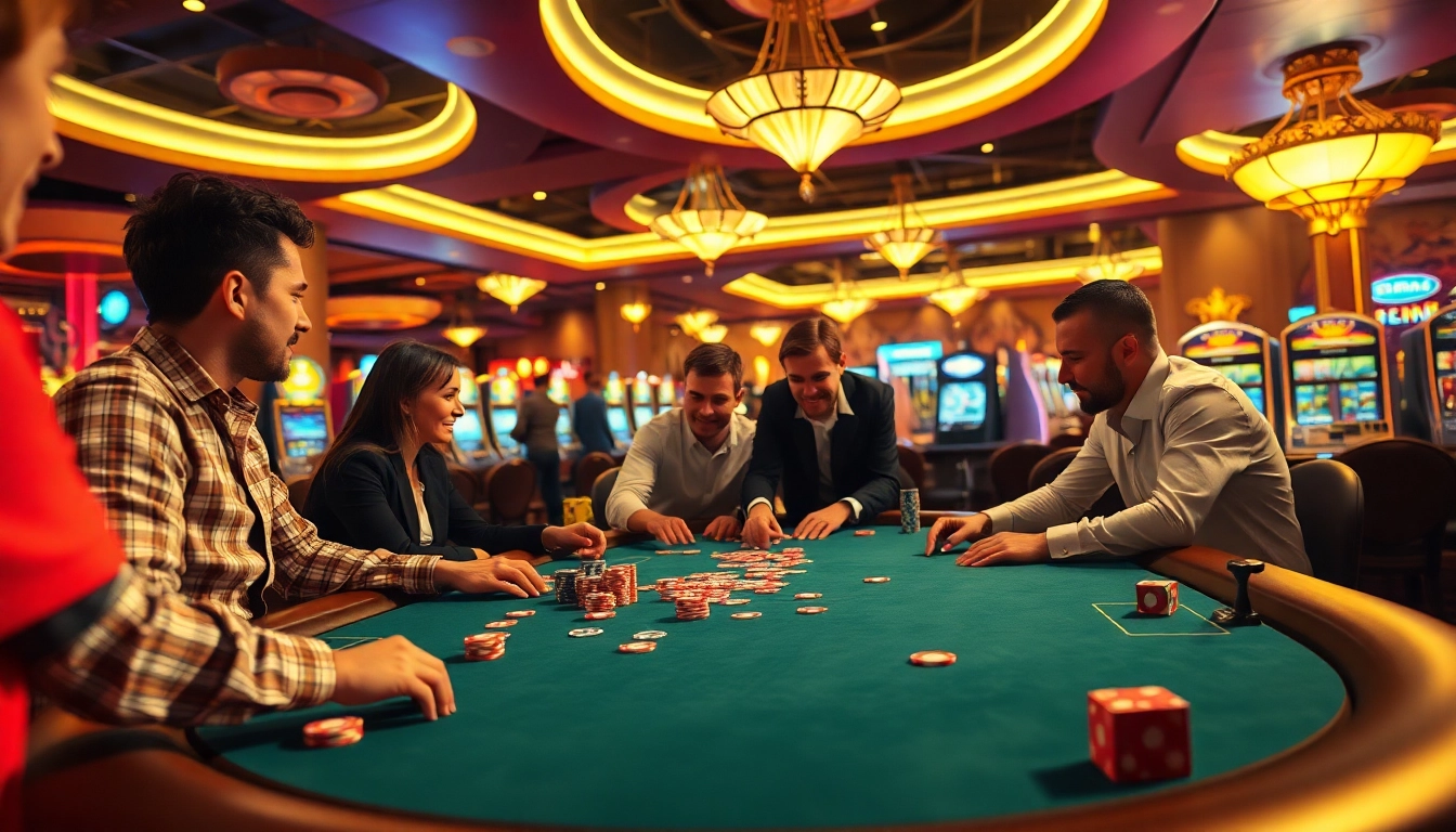 Permainan seru di meja poker toto7788 dengan pemain antusias dan suasana kasino yang meriah.