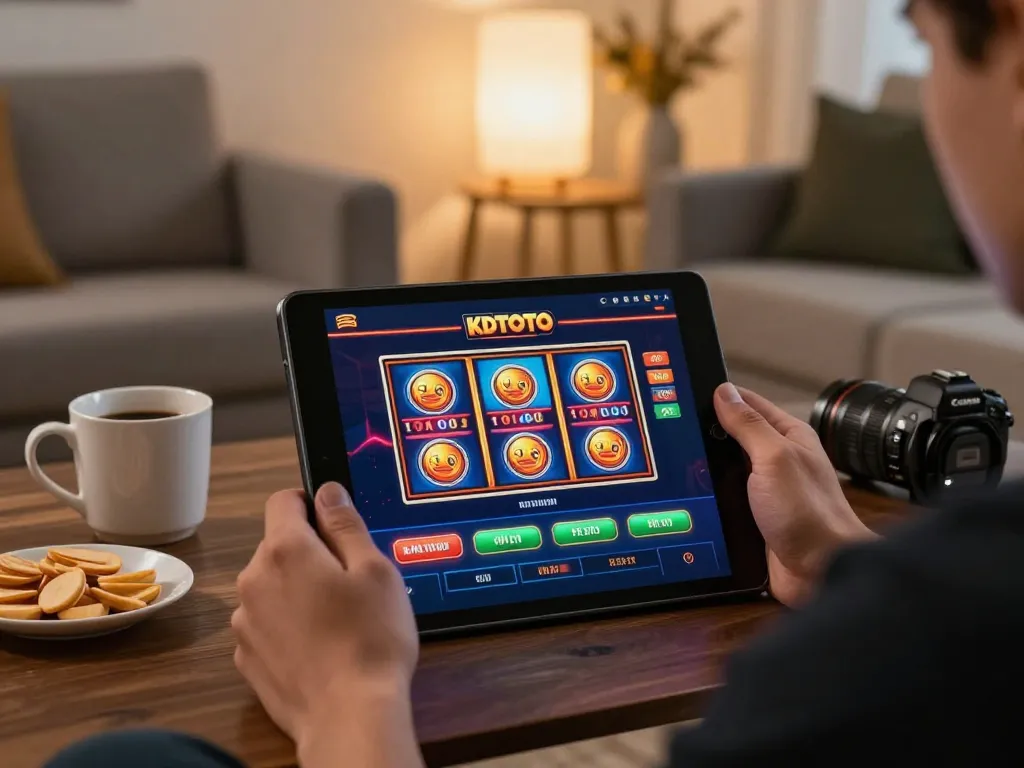 KDTOTO player immersed in an exciting online slot game in a cozy home setting.