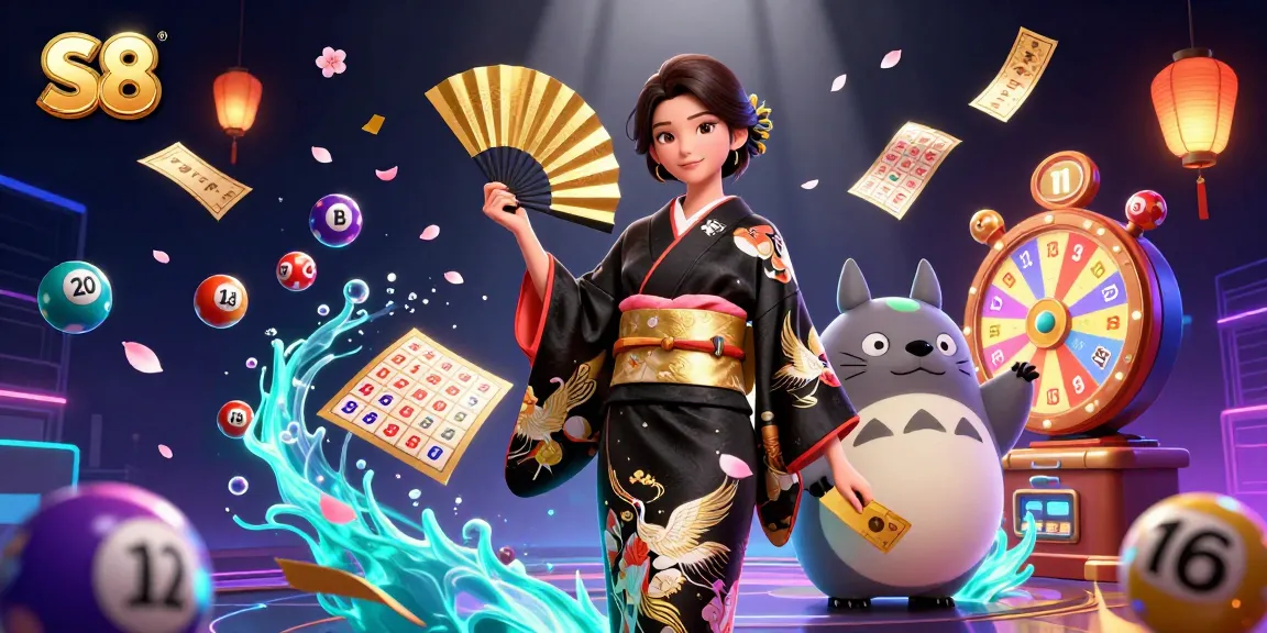 S8 lottery scene with a fashionable Asian woman and a wise tanuki amidst colorful bouncing balls.