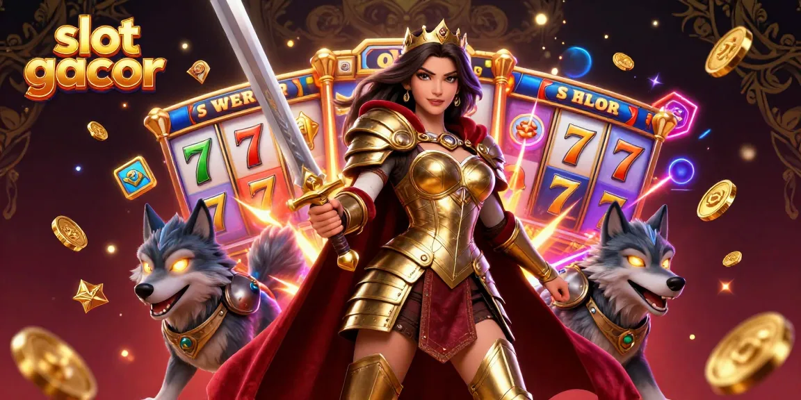 Experience slot gacor excitement with a warrior queen and her glowing wolf in a vibrant gaming scene.