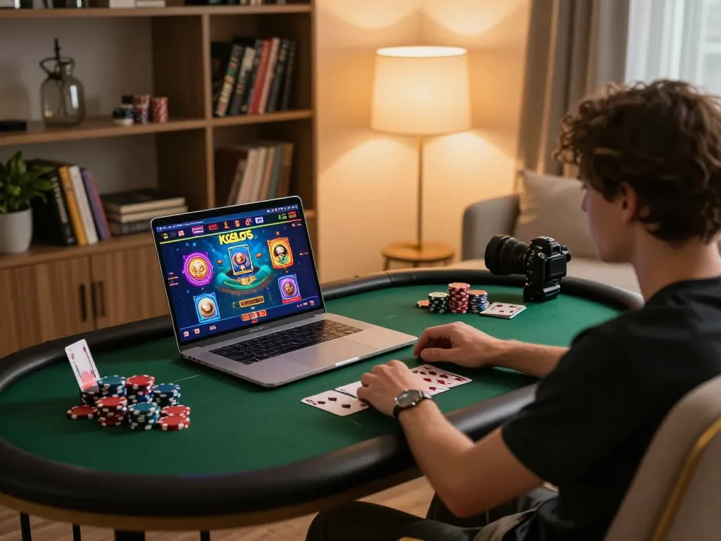 Engaging with kdslots online gaming interface on a laptop in a cozy living room