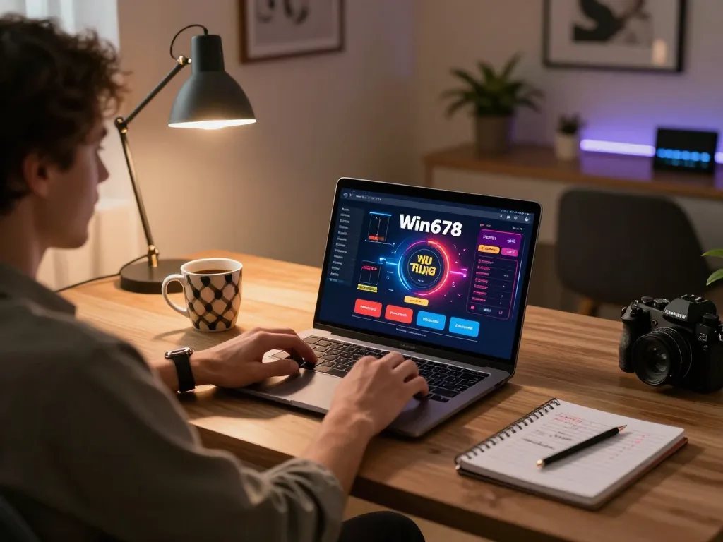 Engaging with Win678's online casino at home, showcasing modern gaming setup and strategy notes.