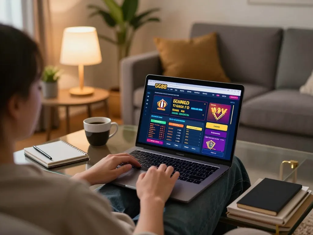 Engaging online gambling scene showcasing GG88 interface on a cozy home gaming setup