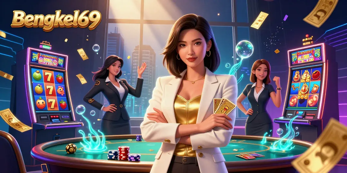 Bengkel69 presents a dynamic slot illustration featuring vibrant reels and a powerful casino entrepreneur.