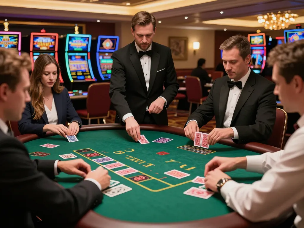 Players engaging in a high-stakes blackjack game at 3win's upscale casino floor.