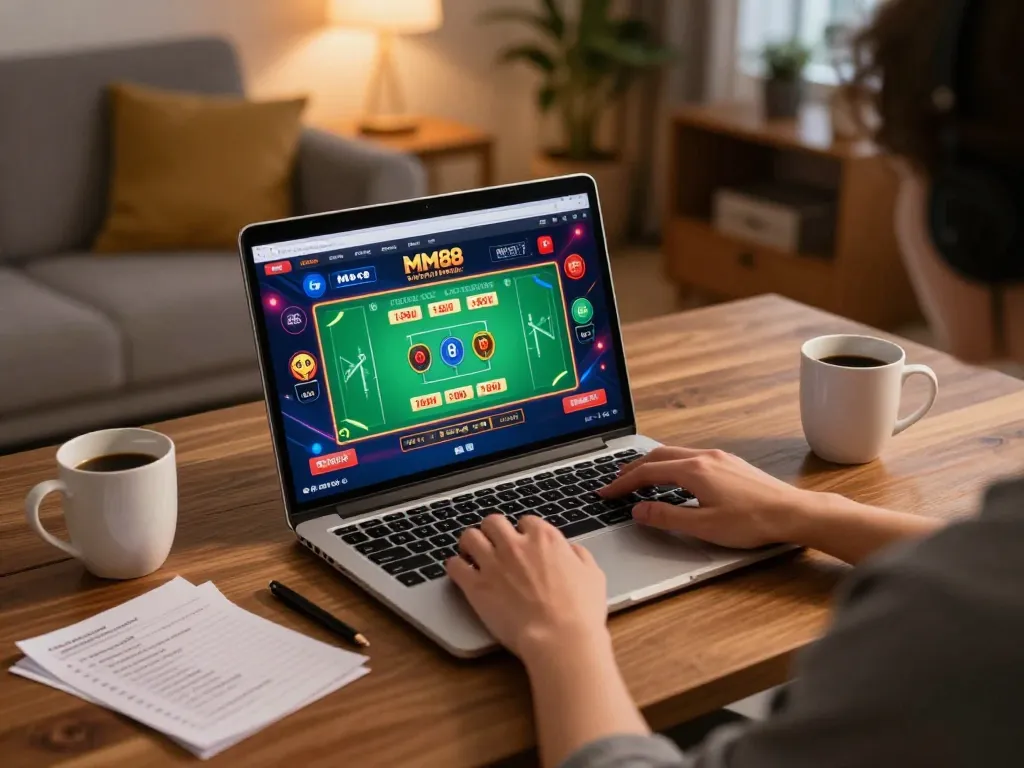 Player engaging with MM88 online casino, showcasing a live dealer game in a cozy home setting.
