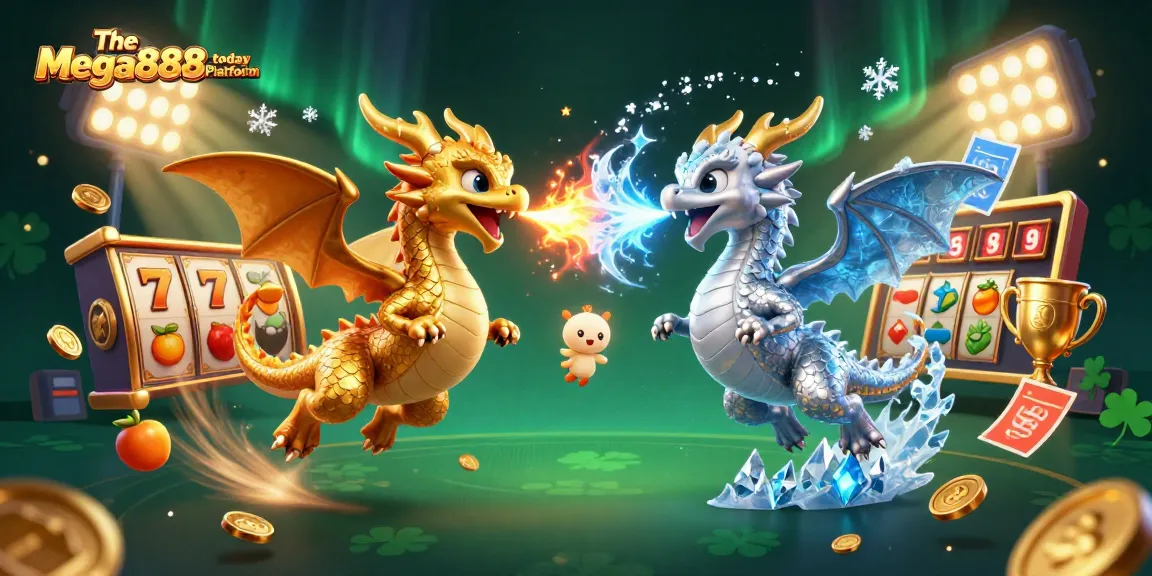 The Mega888today Platform showcases vibrant dragons fighting with fire and ice, surrounded by slot reels and jackpot elements.