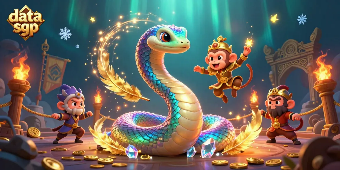 Check the latest data sgp results with vibrant casino-themed illustration featuring magical characters.