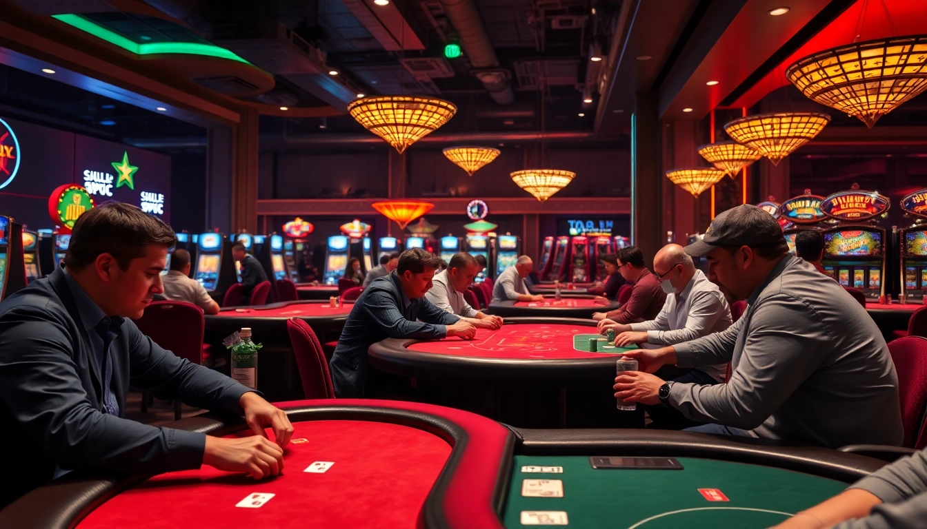 A dynamic scene showcasing a lively gambling forum atmosphere with players engaged and vibrant casino games.