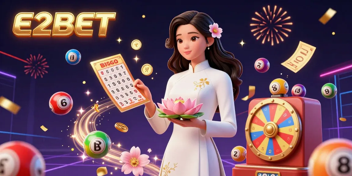E2BET brings excitement to gaming with vibrant lottery balls, spinning prize wheels, and an elegant player celebrating winning moments.