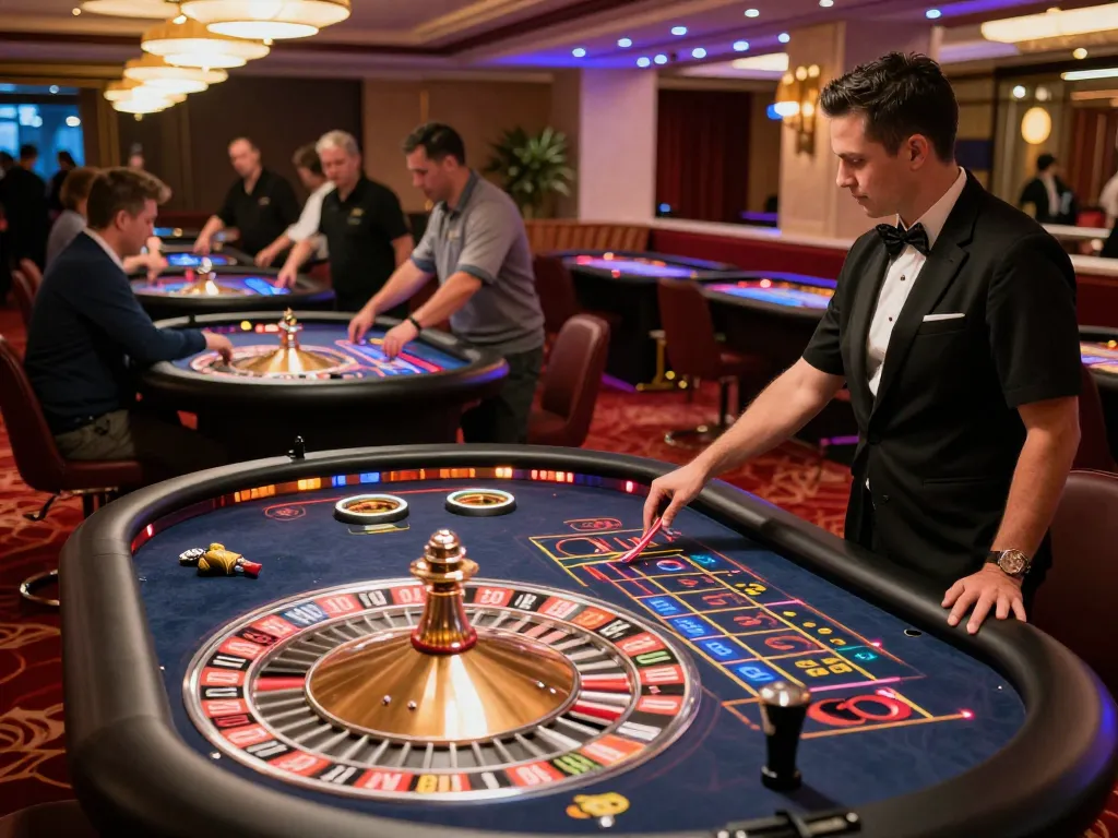 Players enjoying roulette at a vibrant casino, highlighting m100 betting excitement and luxury atmosphere