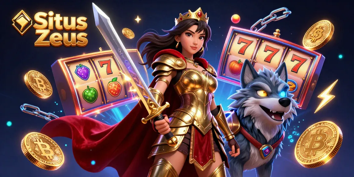 Situs Zeus offers thrilling slot action with vibrant 3D graphics showcasing a warrior queen and her wolf companion.