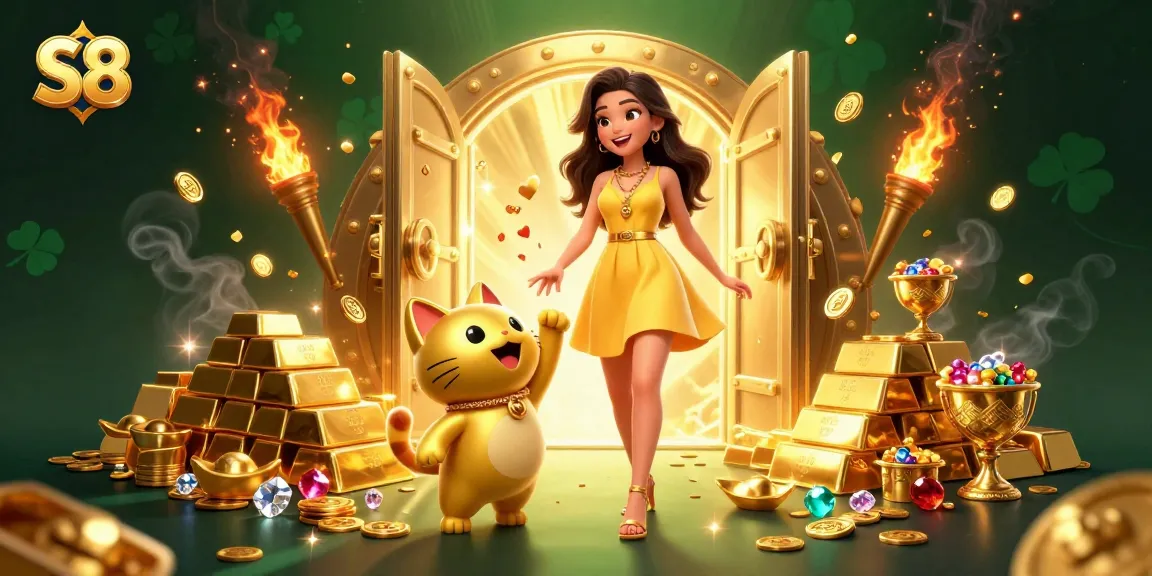 Join the excitement at S8 as players spin for jackpots under golden treasure.