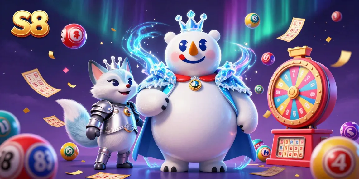 Win exciting prizes with S8 in a vibrant 3D illustration showcasing dynamic lottery elements and a regal polar bear.