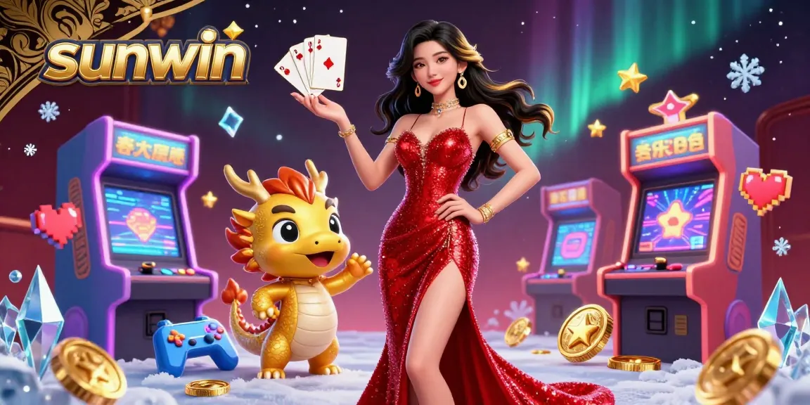 Win big at sunwin with vibrant casino games showcased by a radiant host and playful dragon.