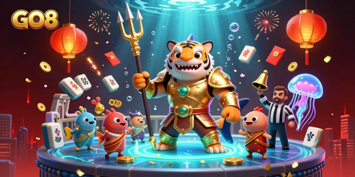 Engage with GO8's thrilling underwater casino experience featuring a gladiator shark and vibrant gaming elements.